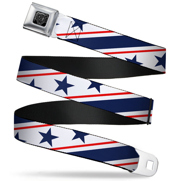 Buckle-Down BD Wings Logo CLOSE-UP Full Color Black Silver Seatbelt Belt - Americana Diagonal Stars & Stripes White/Red/Blue Webbing