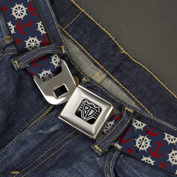Buckle-Down BD Wings Logo CLOSE-UP Full Color Black Silver Seatbelt Belt - Anchor3/Helm Monogram Navy/Red/Cream Webbing