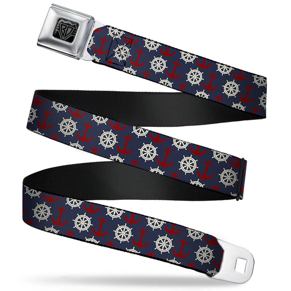 Buckle-Down BD Wings Logo CLOSE-UP Full Color Black Silver Seatbelt Belt - Anchor3/Helm Monogram Navy/Red/Cream Webbing