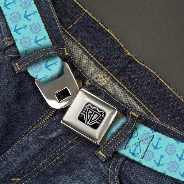 Buckle-Down BD Wings Logo CLOSE-UP Full Color Black Silver Seatbelt Belt - Anchor2/Helm Monogram Blues Webbing
