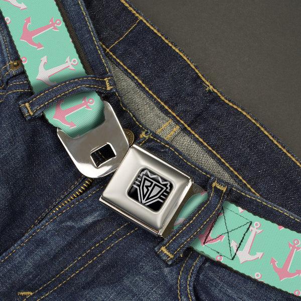 Buckle-Down BD Wings Logo CLOSE-UP Full Color Black Silver Seatbelt Belt - Anchor2 CLOSE-UP Green/Pink/White Webbing