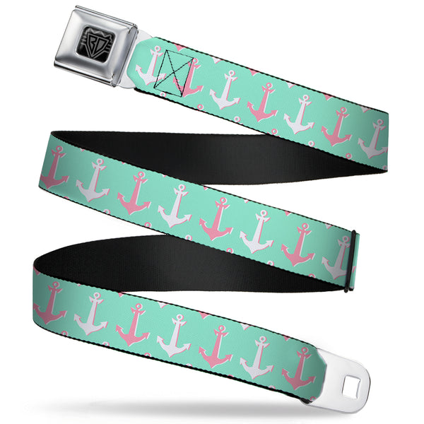 Buckle-Down BD Wings Logo CLOSE-UP Full Color Black Silver Seatbelt Belt - Anchor2 CLOSE-UP Green/Pink/White Webbing