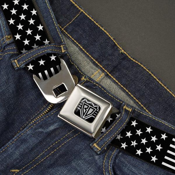 Buckle-Down BD Wings Logo CLOSE-UP Full Color Black Silver Seatbelt Belt - Americana Stars & Stripes2 Black/White Webbing