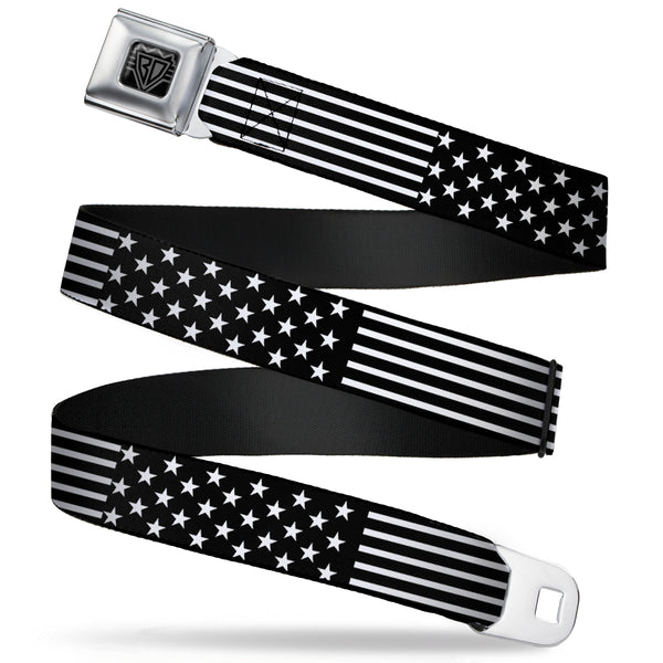 Buckle-Down BD Wings Logo CLOSE-UP Full Color Black Silver Seatbelt Belt - Americana Stars & Stripes2 Black/White Webbing