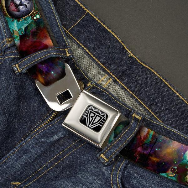 Buckle-Down BD Wings Logo CLOSE-UP Full Color Black Silver Seatbelt Belt - Astronaut Cat In Space Webbing