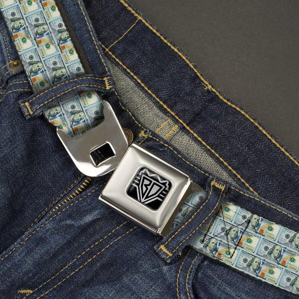 Buckle-Down BD Wings Logo CLOSE-UP Full Color Black Silver Seatbelt Belt - 100 Dollar Bill Series 2009 Repeat Webbing