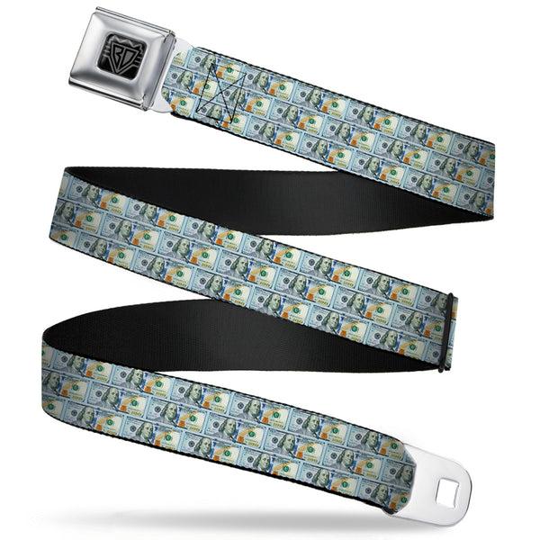 Buckle-Down BD Wings Logo CLOSE-UP Full Color Black Silver Seatbelt Belt - 100 Dollar Bill Series 2009 Repeat Webbing