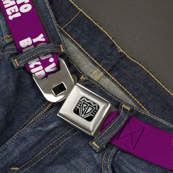 Buckle-Down BD Wings Logo CLOSE-UP Full Color Black Silver Seatbelt Belt - YOU'VE GOT TO BE KIDDING ME Purple/White Webbing