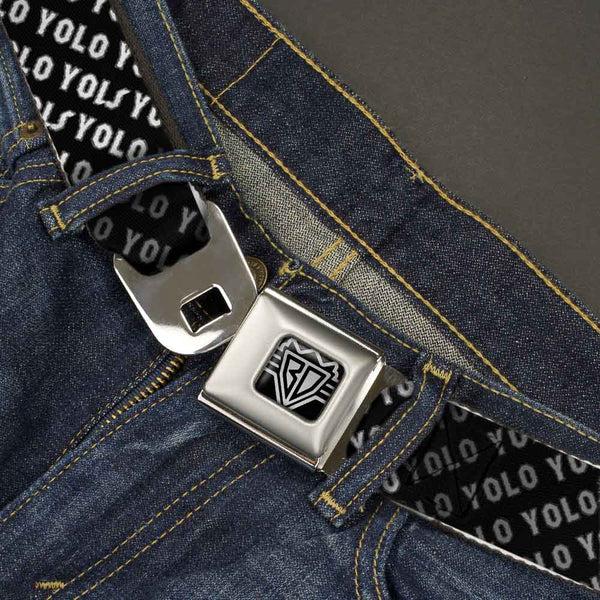 Buckle-Down BD Wings Logo CLOSE-UP Full Color Black Silver Seatbelt Belt - YOLO Diagonal Black/Gray/White Webbing