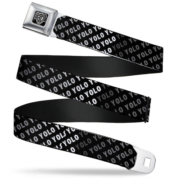 Buckle-Down BD Wings Logo CLOSE-UP Full Color Black Silver Seatbelt Belt - YOLO Diagonal Black/Gray/White Webbing