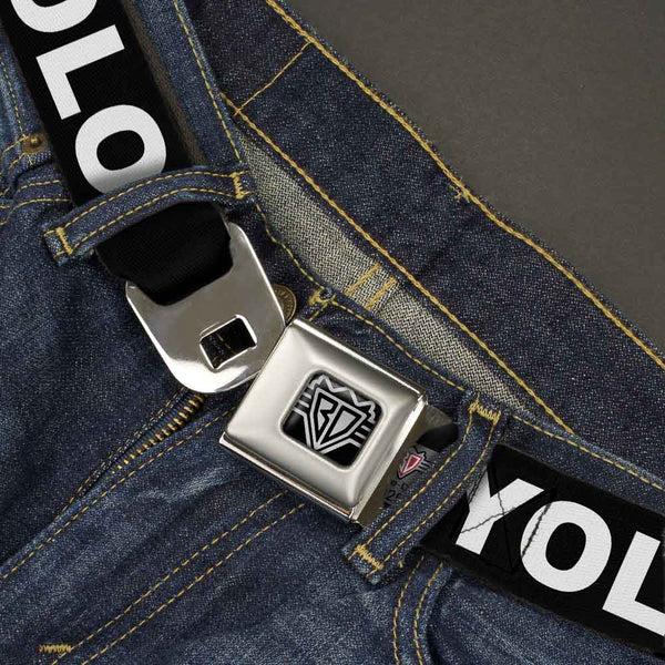 Buckle-Down BD Wings Logo CLOSE-UP Full Color Black Silver Seatbelt Belt - YOLO Black/White Webbing