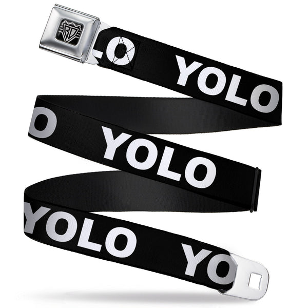 Buckle-Down BD Wings Logo CLOSE-UP Full Color Black Silver Seatbelt Belt - YOLO Black/White Webbing