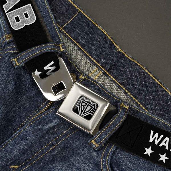 Buckle-Down BD Wings Logo CLOSE-UP Full Color Black Silver Seatbelt Belt - WATCH ME DAB/Stars Black/Red/White/Crackle Gray Webbing