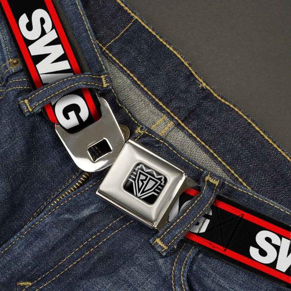 Buckle-Down BD Wings Logo CLOSE-UP Full Color Black Silver Seatbelt Belt - SWAGG Black/White/Red Stripe Webbing