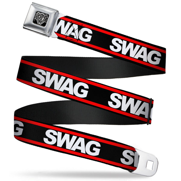 Buckle-Down BD Wings Logo CLOSE-UP Full Color Black Silver Seatbelt Belt - SWAGG Black/White/Red Stripe Webbing