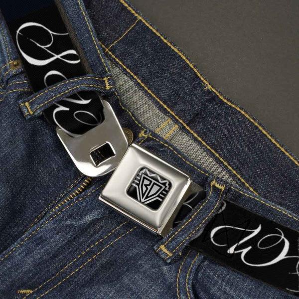 Buckle-Down BD Wings Logo CLOSE-UP Full Color Black Silver Seatbelt Belt - SWAG Script Black/White Webbing