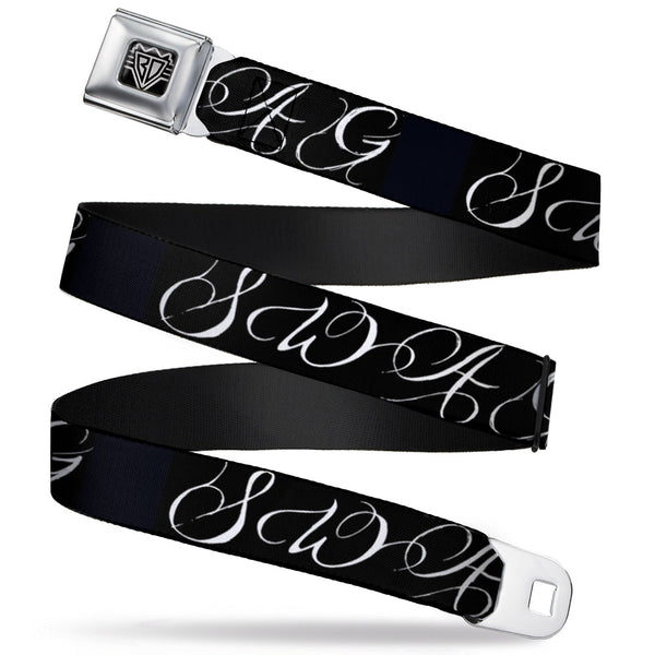 Buckle-Down BD Wings Logo CLOSE-UP Full Color Black Silver Seatbelt Belt - SWAG Script Black/White Webbing