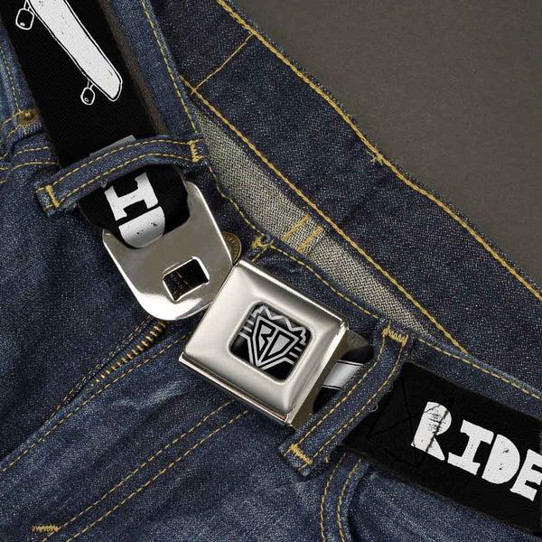 Buckle-Down BD Wings Logo CLOSE-UP Full Color Black Silver Seatbelt Belt - RIDE ME Skateboard Black/White Webbing