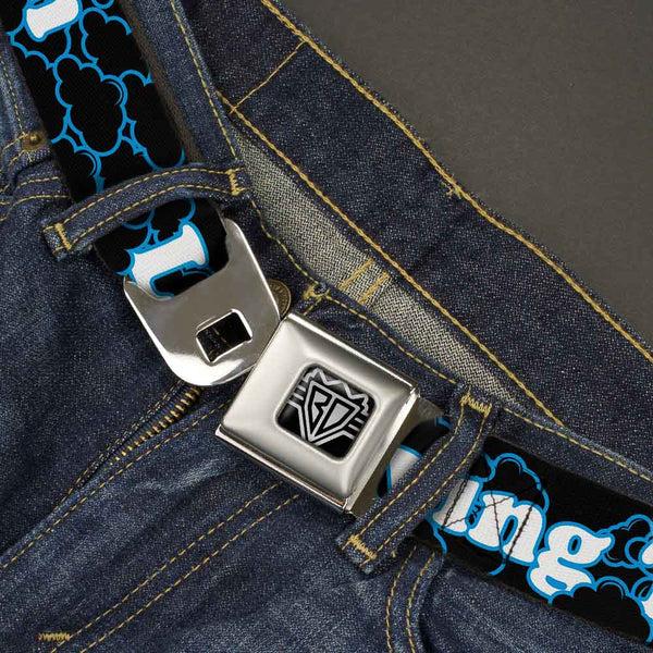 Buckle-Down BD Wings Logo CLOSE-UP Full Color Black Silver Seatbelt Belt - LIVING THE DREAM/Clouds Black/Blue/White Webbing
