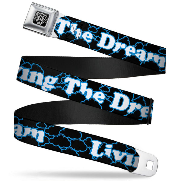 Buckle-Down BD Wings Logo CLOSE-UP Full Color Black Silver Seatbelt Belt - LIVING THE DREAM/Clouds Black/Blue/White Webbing