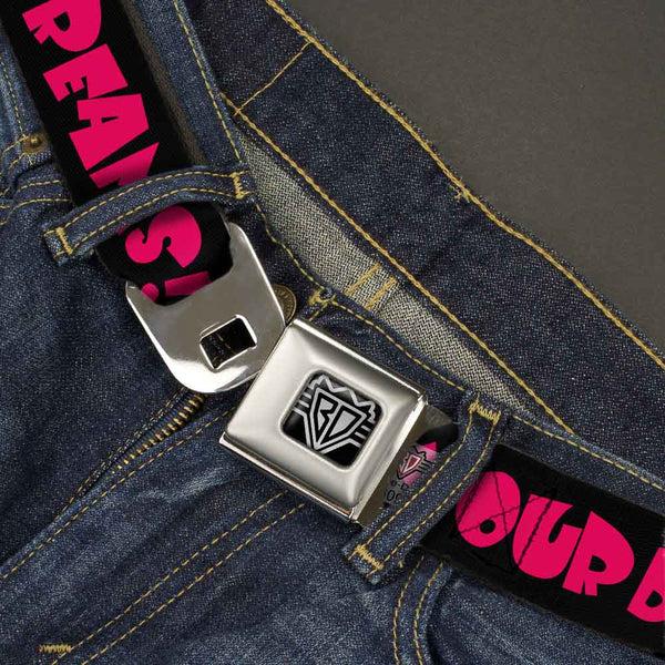 Buckle-Down BD Wings Logo CLOSE-UP Full Color Black Silver Seatbelt Belt - IN YOUR DREAMS Black/White/Pink Webbing