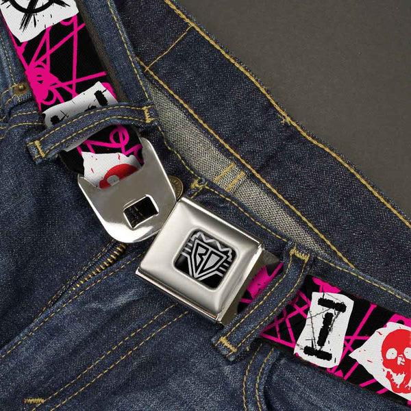 Buckle-Down BD Wings Logo CLOSE-UP Full Color Black Silver Seatbelt Belt - I Heart Punk Rock W/Safety Pins Black/Fuchsia/White Webbing