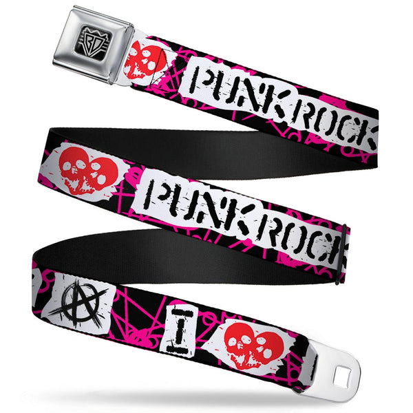 Buckle-Down BD Wings Logo CLOSE-UP Full Color Black Silver Seatbelt Belt - I Heart Punk Rock w/Safety Pins Black/Fuchsia/White Webbing