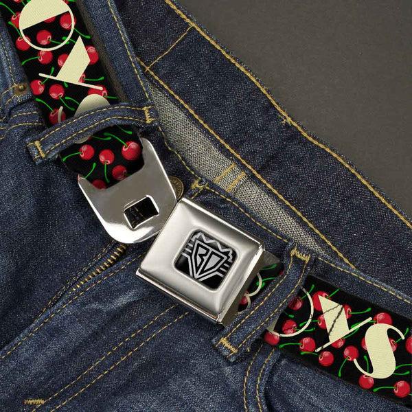 Buckle-Down BD Wings Logo CLOSE-UP Full Color Black Silver Seatbelt Belt - I Heart BOYS Black/Cherries Webbing