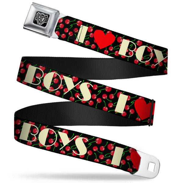 Buckle-Down BD Wings Logo CLOSE-UP Full Color Black Silver Seatbelt Belt - I Heart BOYS Black/Cherries Webbing