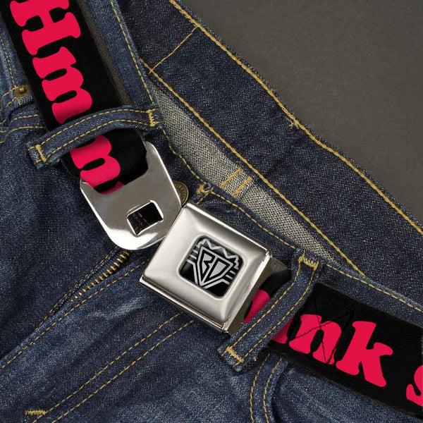 Buckle-Down BD Wings Logo CLOSE-UP Full Color Black Silver Seatbelt Belt - HMMM I DON'T THINK SO Black/Pink Webbing