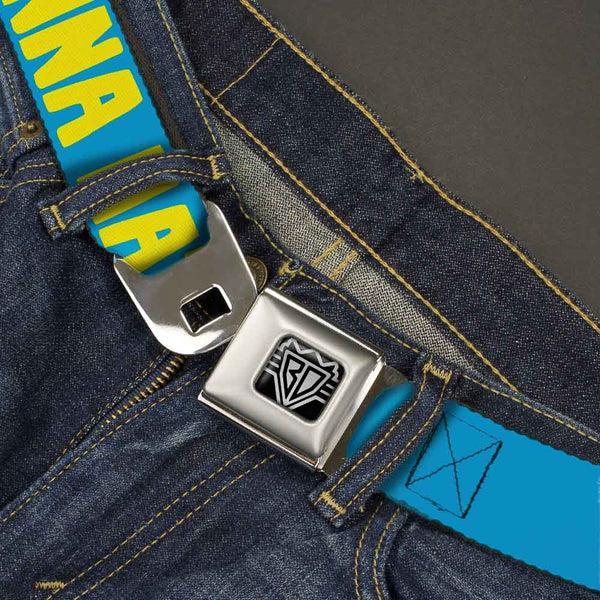Buckle-Down BD Wings Logo CLOSE-UP Full Color Black Silver Seatbelt Belt - HATERS GONNA HATE Turquoise/Yellow Webbing
