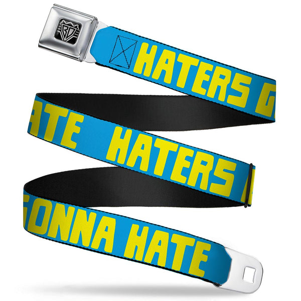 Buckle-Down BD Wings Logo CLOSE-UP Full Color Black Silver Seatbelt Belt - HATERS GONNA HATE Turquoise/Yellow Webbing