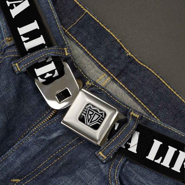 Buckle-Down BD Wings Logo CLOSE-UP Full Color Black Silver Seatbelt Belt - GET A LIFE Black/White Webbing