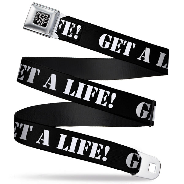 Buckle-Down BD Wings Logo CLOSE-UP Full Color Black Silver Seatbelt Belt - GET A LIFE Black/White Webbing