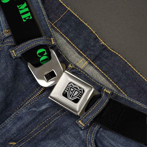Buckle-Down BD Wings Logo CLOSE-UP Full Color Black Silver Seatbelt Belt - COME AT ME-BRO Black/Green Stencil Webbing