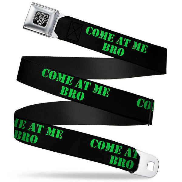 Buckle-Down BD Wings Logo CLOSE-UP Full Color Black Silver Seatbelt Belt - COME AT ME-BRO Black/Green Stencil Webbing