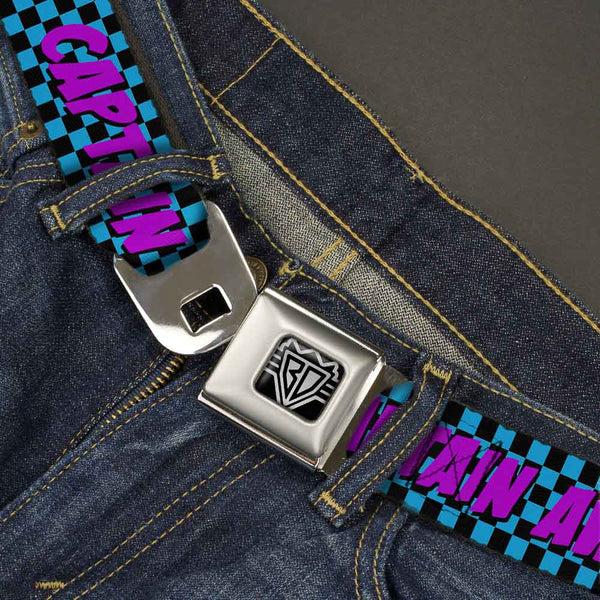 Buckle-Down BD Wings Logo CLOSE-UP Full Color Black Silver Seatbelt Belt - CAPTAIN AWESOME Turquoise Checker/Fuchsia Webbing