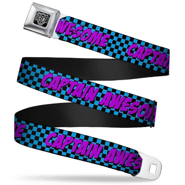 Buckle-Down BD Wings Logo CLOSE-UP Full Color Black Silver Seatbelt Belt - CAPTAIN AWESOME Turquoise Checker/Fuchsia Webbing
