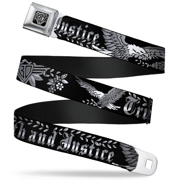 Buckle-Down BD Wings Logo CLOSE-UP Full Color Black Silver Seatbelt Belt - Truth and Justice Black/White Webbing