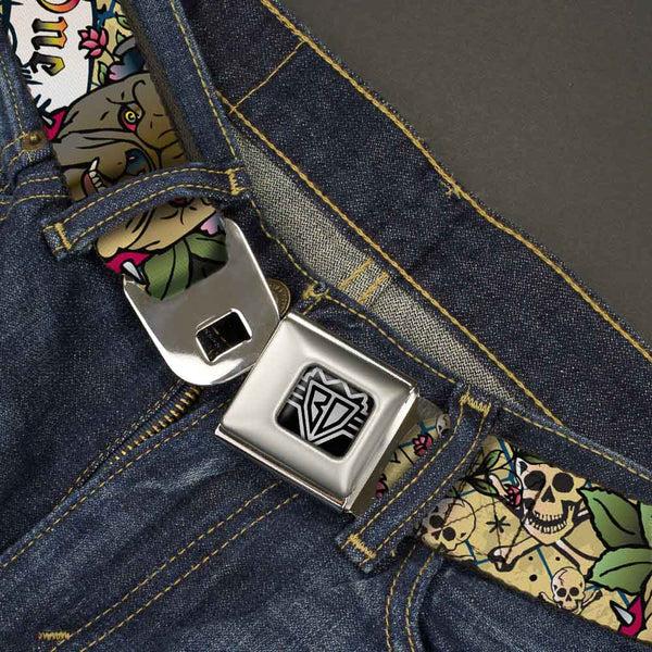 Buckle-Down BD Wings Logo CLOSE-UP Full Color Black Silver Seatbelt Belt - Trust No One Tan Webbing