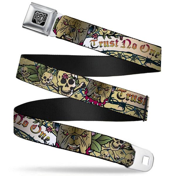Buckle-Down BD Wings Logo CLOSE-UP Full Color Black Silver Seatbelt Belt - Trust No One Tan Webbing