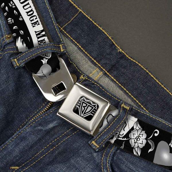 Buckle-Down BD Wings Logo CLOSE-UP Full Color Black Silver Seatbelt Belt - Only God Can Judge Me Black/White Webbing