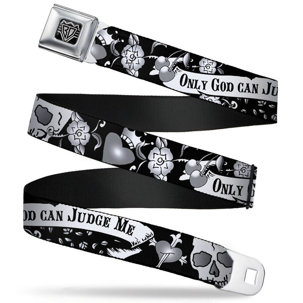 Buckle-Down BD Wings Logo CLOSE-UP Full Color Black Silver Seatbelt Belt - Only God Can Judge Me Black/White Webbing