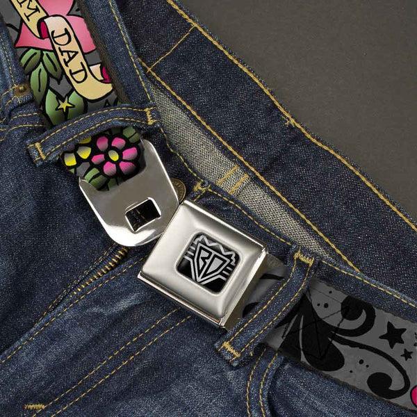 Buckle-Down BD Wings Logo CLOSE-UP Full Color Black Silver Seatbelt Belt - Mom & Dad Gray Webbing