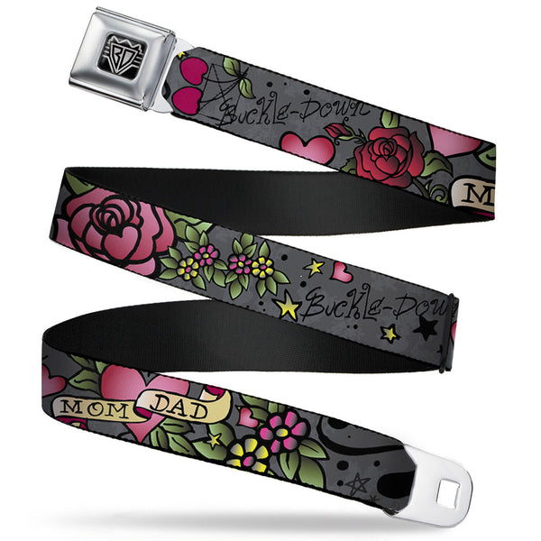Buckle-Down BD Wings Logo CLOSE-UP Full Color Black Silver Seatbelt Belt - Mom & Dad Gray Webbing
