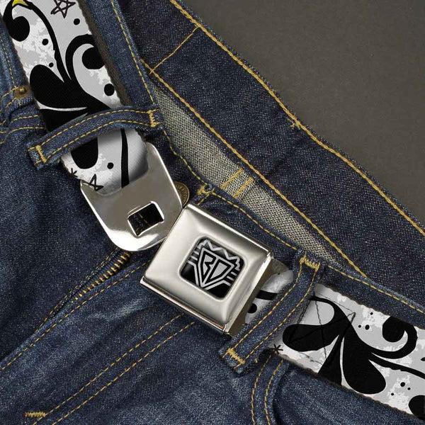 Buckle-Down BD Wings Logo CLOSE-UP Full Color Black Silver Seatbelt Belt - Mom & Dad CLOSE-UP White Webbing