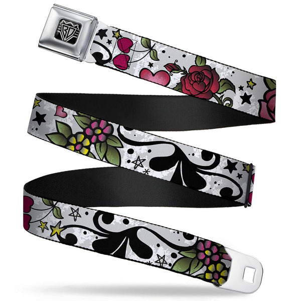 Buckle-Down BD Wings Logo CLOSE-UP Full Color Black Silver Seatbelt Belt - Mom & Dad CLOSE-UP White Webbing