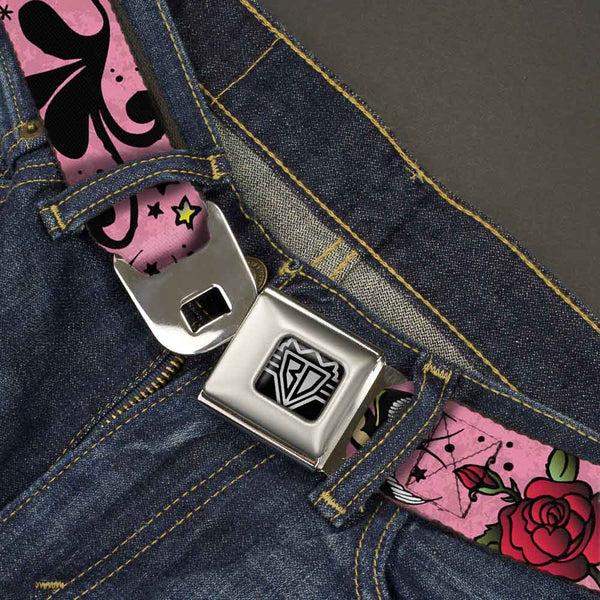 Buckle-Down BD Wings Logo CLOSE-UP Full Color Black Silver Seatbelt Belt - Mom & Dad CLOSE-UP Pink W/Sparrows Webbing