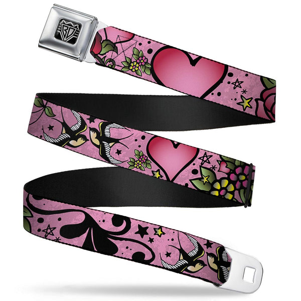 Buckle-Down BD Wings Logo CLOSE-UP Full Color Black Silver Seatbelt Belt - Mom & Dad CLOSE-UP Pink w/Sparrows Webbing