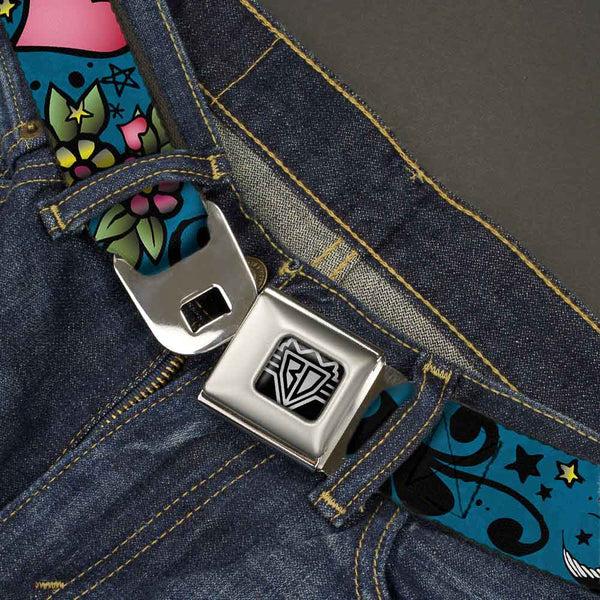 Buckle-Down BD Wings Logo CLOSE-UP Full Color Black Silver Seatbelt Belt - Mom & Dad CLOSE-UP Blue W/Sparrows Webbing